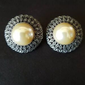 Vintage MBC Sterling Silver Art Deco Faux Pearl
& Marcasite Clip On Earrings